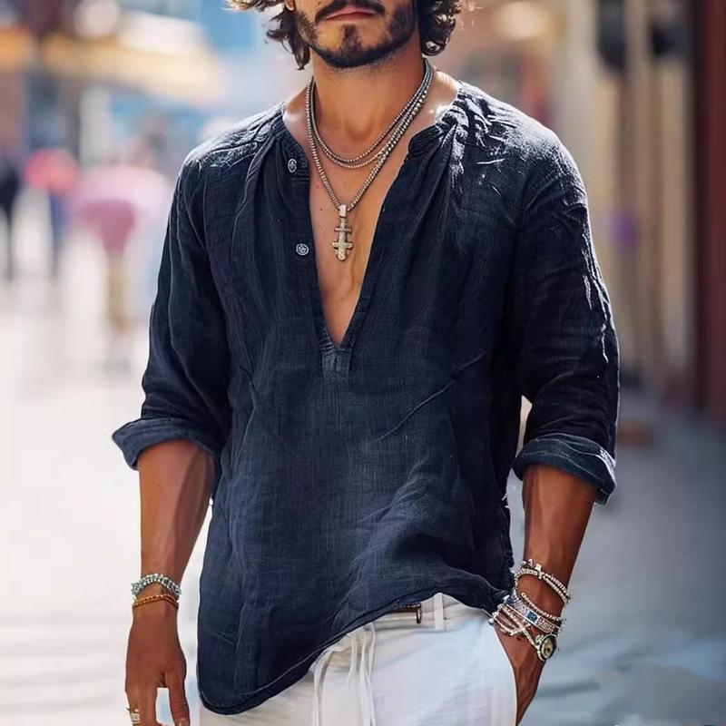 Camisa vintage de manga larga con cuello en V y botones para hombre