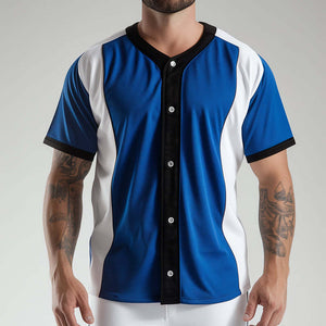 Camiseta de béisbol de manga corta con botones deportivos, estilo retro informal con bloques de color para hombre