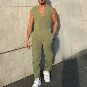 Men's Solid Notch Lapel Double Breasted Vest Trousers Casual Set