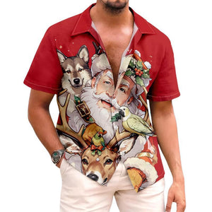 Camisa de manga corta con solapa navideña de Papá Noel informal vintage para hombre