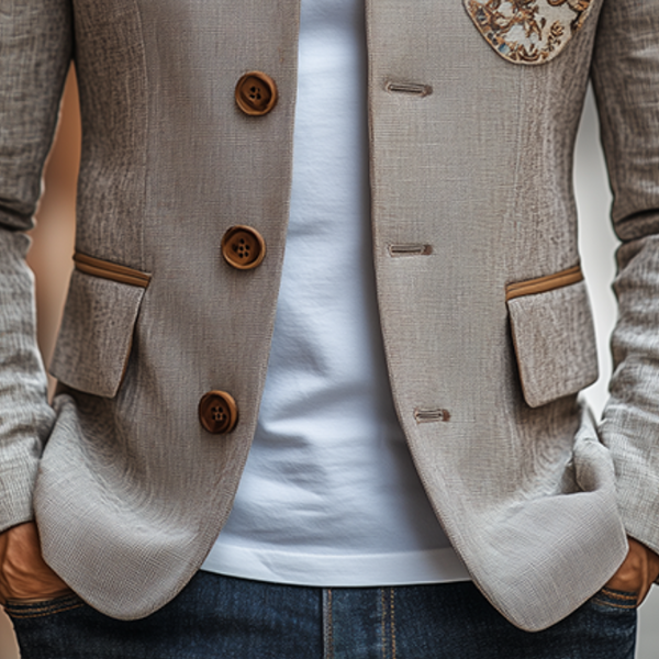Men's Classic Retro Stand Collar Thin Cotton And Linen Embroidered Slim Jacket MTA2463C6K