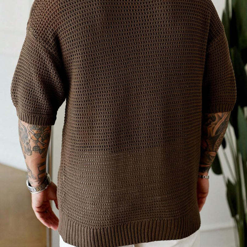 Men's Knitted Loose Pocket Short Sleeve Sweater