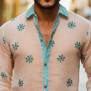 Men's Spring Fashion Premium Ramie Embroidery Long Sleeve Shirt