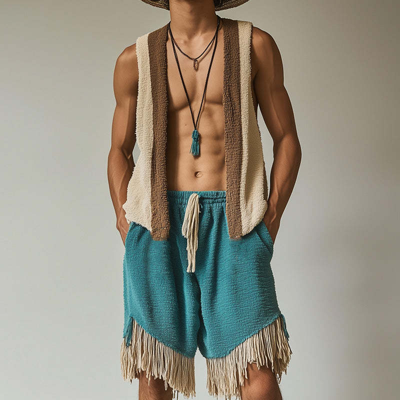 Conjunto de pantalones cortos sin mangas con borlas de tela de toalla de moda de primavera para hombre