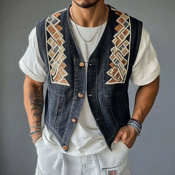 Herren-Jeansweste mit geometrischer Stickerei