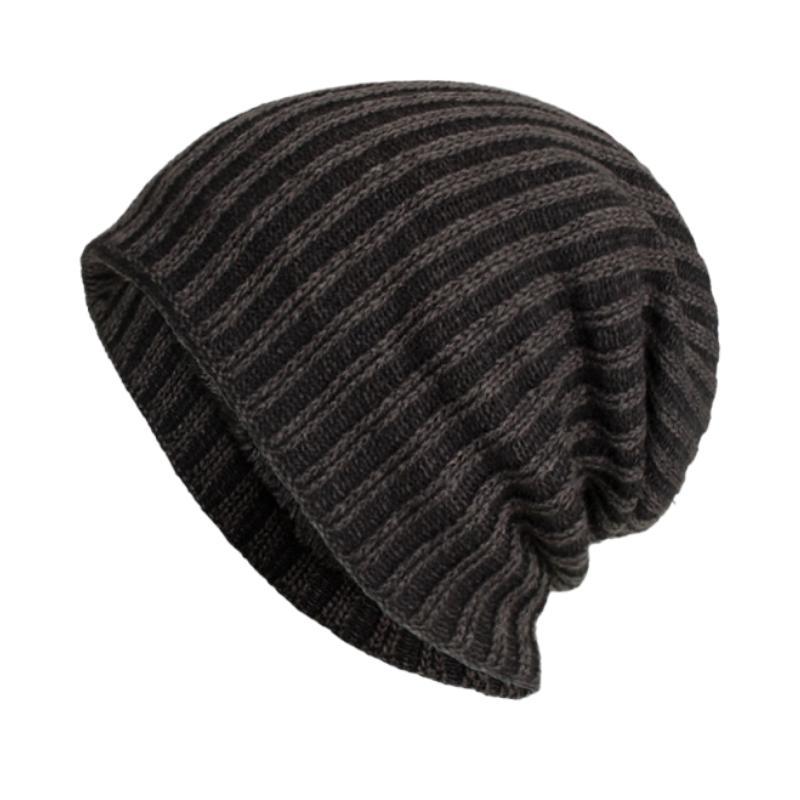 Gorro de punto cálido con forro de franela y rayas verticales bicolor retro para hombre