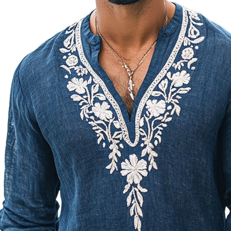 Camisa vintage informal de algodón y lino con cuello Henley, manga larga y bordado para hombre
