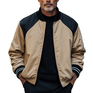 Chaqueta de béisbol retro con cremallera y bloques de color camello negro para hombre