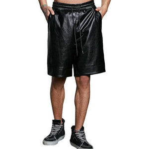Herren Sommer Basic Loose Pure Black PU Leder Shorts
