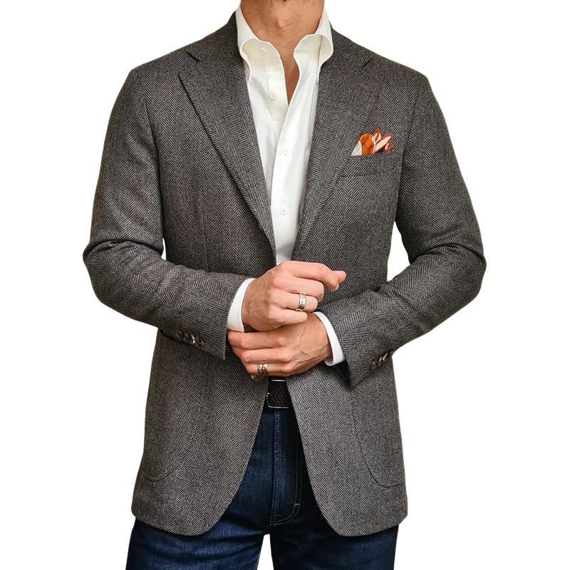 Men's Vintage Herringbone Notch Lapel Two Buttons Slim Blazer