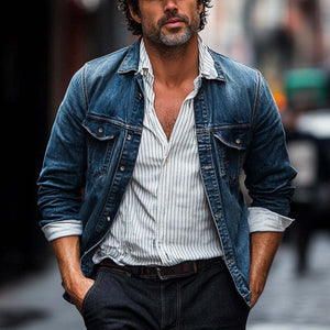 Chaqueta vaquera lavada azul oscuro vintage para hombre