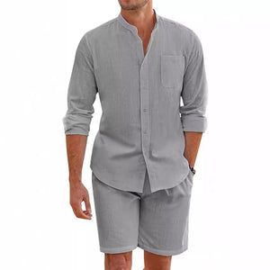 CAMISA CÓMODA DE DOS PIEZAS DE ALGODÓN Y LINO CON BOTONES, PANTALONES CORTOS DE MANGA LARGA, CÁRDIGAN, CONJUNTO PLAYERO CASUAL SENCILLO