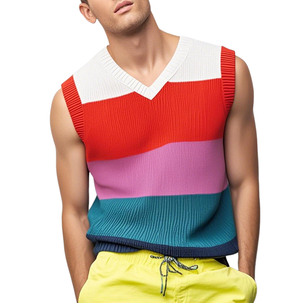 Camiseta sin mangas informal de punto suave con rayas de colores contrastantes y cuello en V para hombre