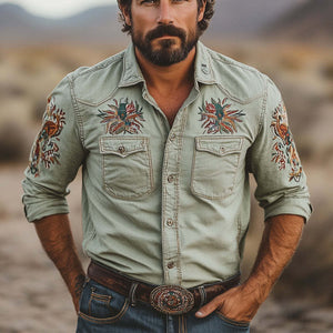 Camisa informal de manga larga con solapa bordada para hombre