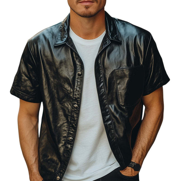 Men's Summer Loose Black Leather Short Sleeve Shirt MTA0180D2U