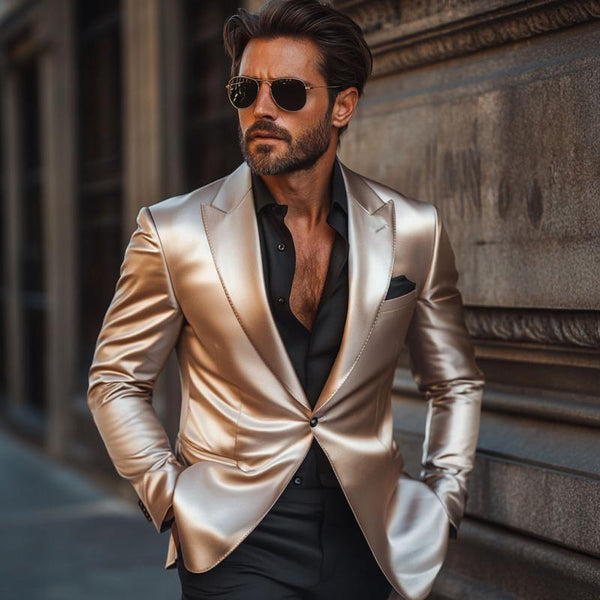 Eleganter Herren-Blazer im Retro-Stil mit steigendem Revers aus Satin, einreihig, schmale Passform