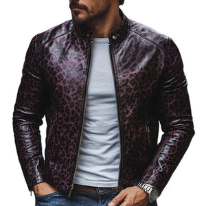 Herrenmode Leopardenmuster Stehkragen Reißverschluss Slim Fit Lederjacke