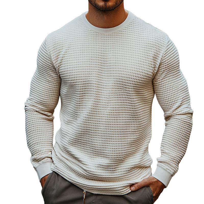 Camiseta retro informal de manga larga con cuello redondo y estampado de gofres en color liso para hombre