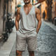 Men's Casual Linen V-neck Loose Tank Top Elastic Waist Shorts Set
