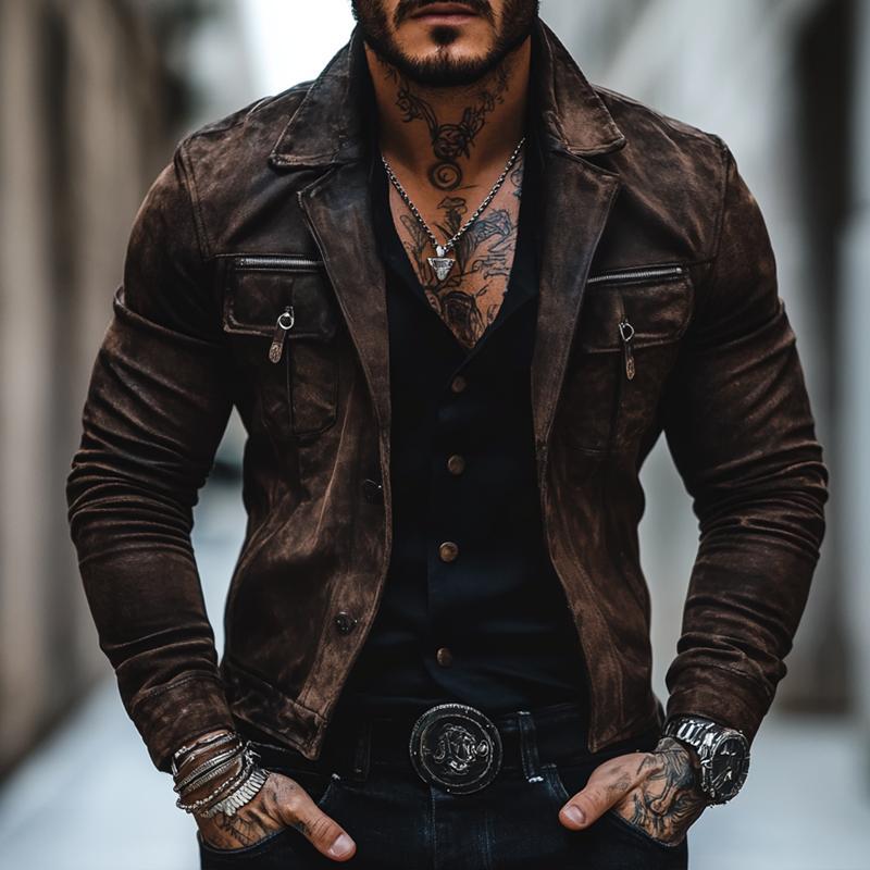 Men's Vintage Distressed Suede Lapel Chest Pocket Single Breasted Jacket