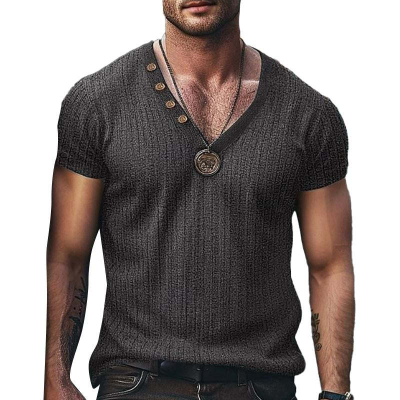 Camiseta informal de manga corta con cuello en V y estampado de cuadros en color liso para hombre