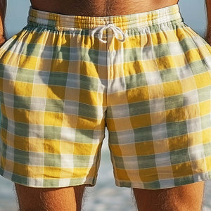 Men's Spring Fashion Plaid Linen Casual Sports Shorts