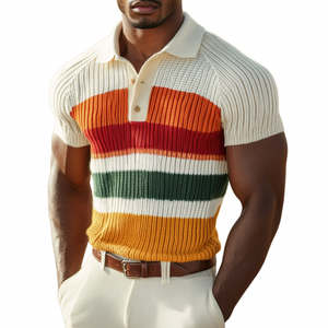 Men's Casual Lapel Color Striped Soft Knitted Short Sleeve Polo Shirt