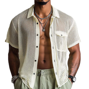 Men's Spring Fashion Woven Hollow Short Sleeve Shirt