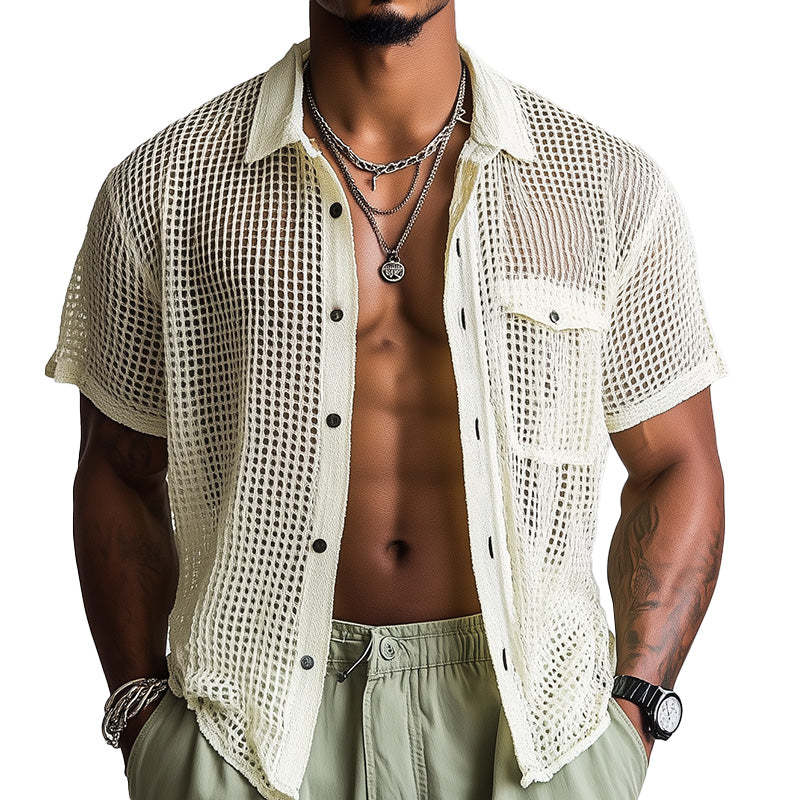 Camisa de manga corta hueca tejida de moda de primavera para hombre