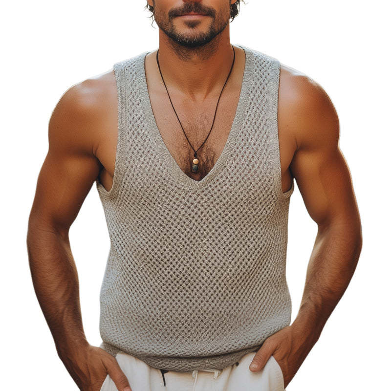 Herren Sommer Basic V-Ausschnitt Mesh Strick Casual Tank Top