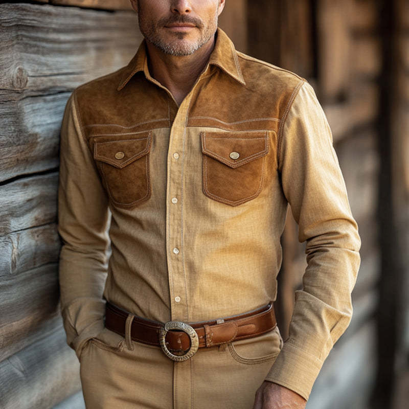 Camisa vintage de manga larga de gamuza de algodón y lino para hombre