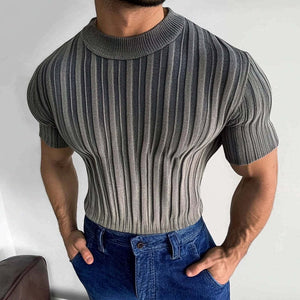 Camiseta informal de punto a rayas con cuello redondo y manga corta para hombre