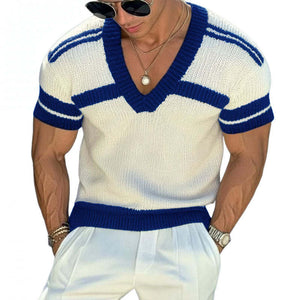 Camiseta informal de punto de manga corta con cuello en V y rayas de jacquard para hombre