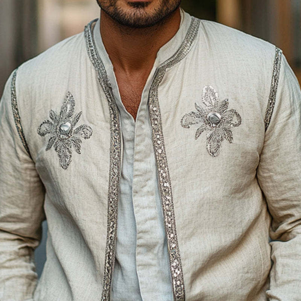 Men's Spring And Autumn Cotton And Linen Fashion Embroidered Jacket MTA2654C6U