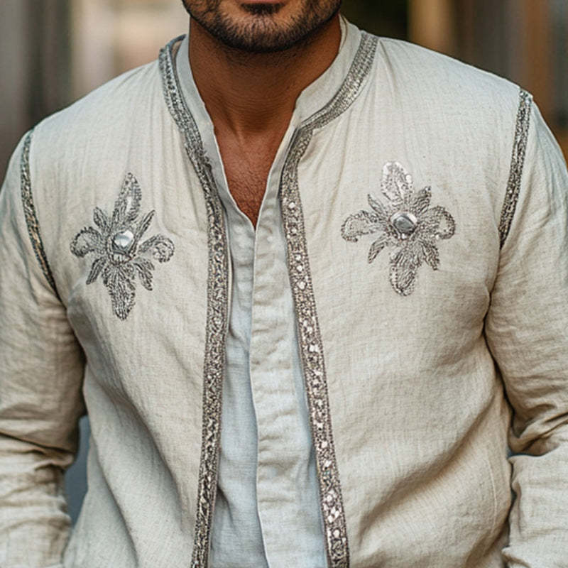 Men's Spring And Autumn Cotton And Linen Fashion Embroidered Jacket MTA2654C6U
