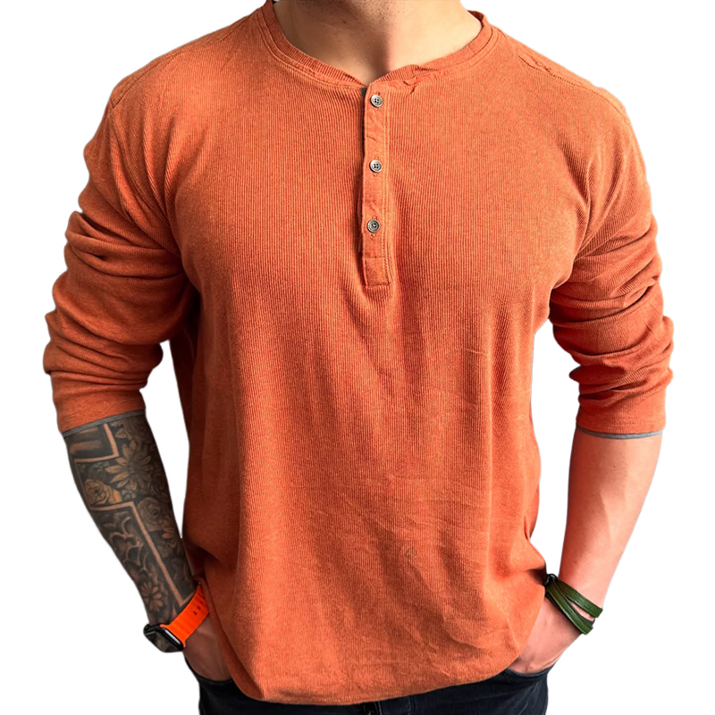 Herren Retro Casual Einfarbiges Langarm-T-Shirt mit Henley-Ausschnitt