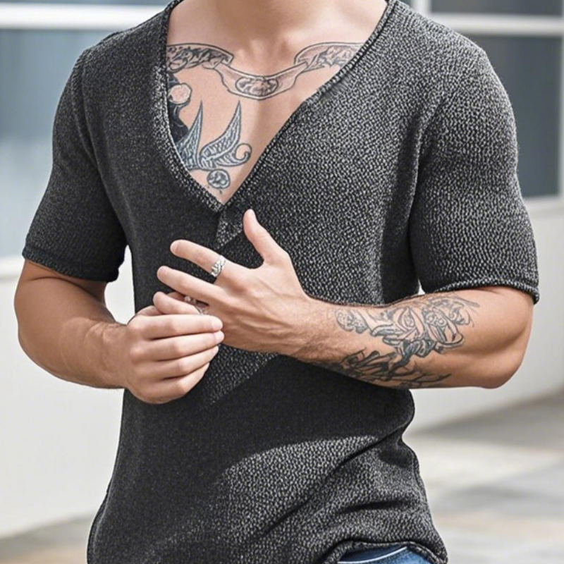 Camiseta informal de punto de manga corta con cuello en V y color liso para hombre