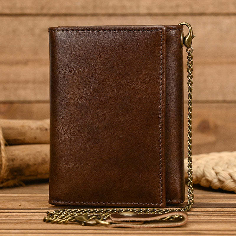 Cartera vintage de tres pliegues de cuero genuino para hombre 
