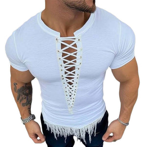 Camiseta de manga corta con borlas y cordones de moda de verano para hombre