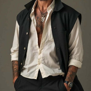 Men's Pure Black Lapel Mid-Length Cotton Vest