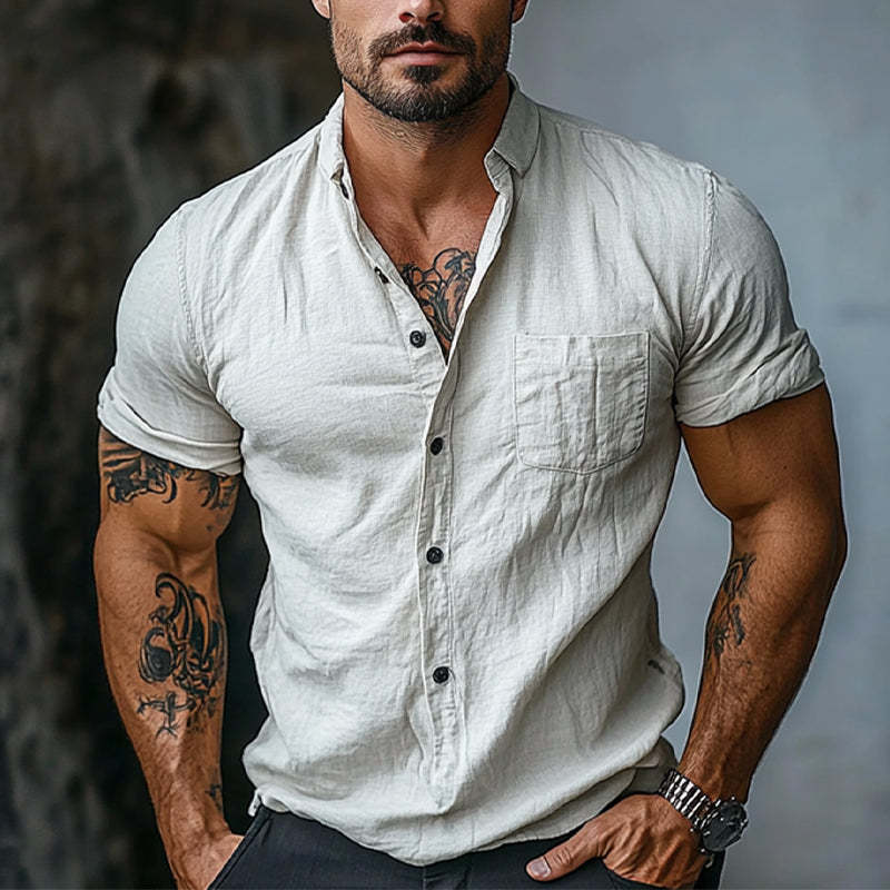 Men's Cotton Solid Color Lapel Short Sleeve Shirt