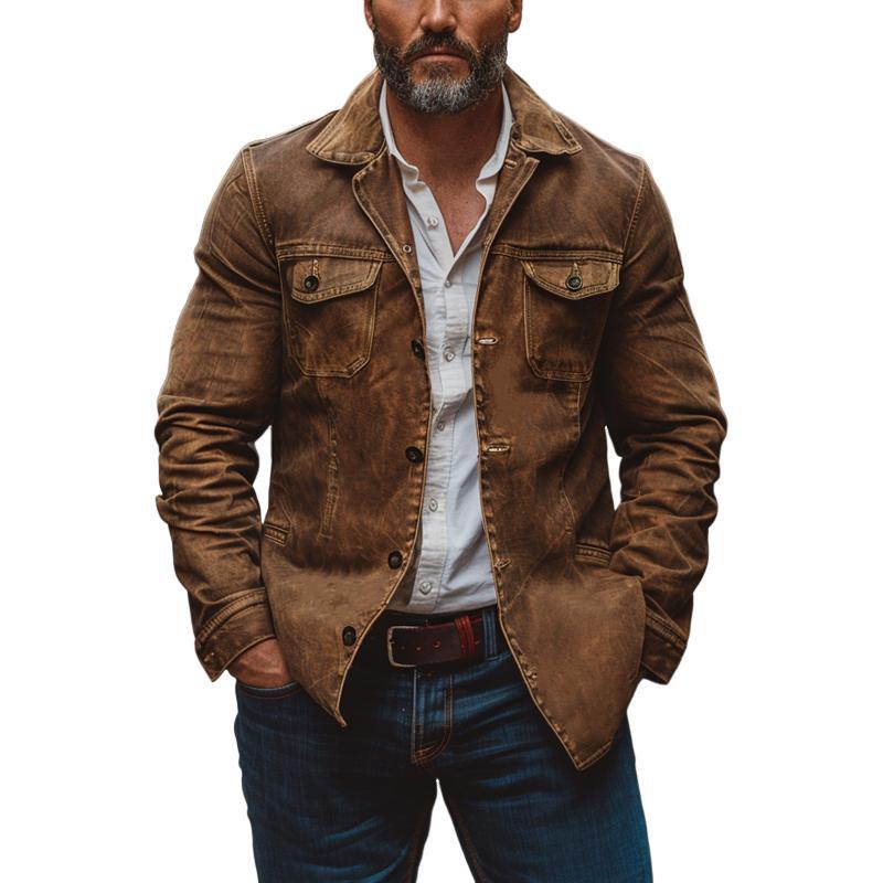 Men's Vintage Heavy Washed Leather Lapel Single Breasted Multi-Pocket Work Jacket