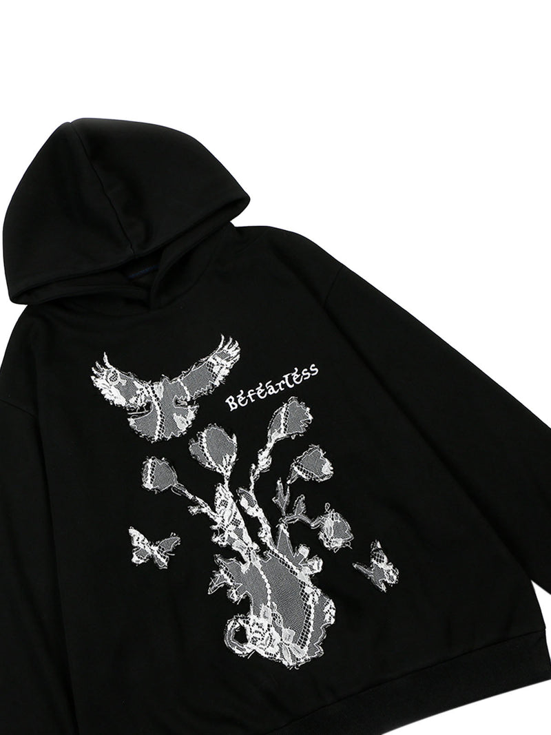 Lace Floral&Dove Embroidery Fleece Hoodie