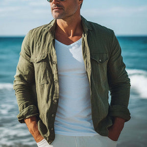 Men's Spring And Autumn Army Green Cotton And Linen Long Sleeve Shirt