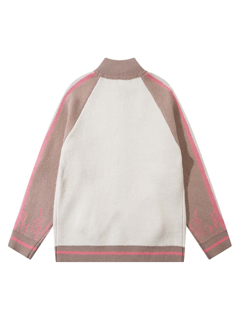 Contrast Color Jacquard Mock Neck Zipper Sweater