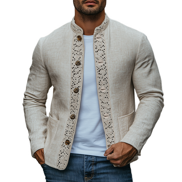Men's Spring New Retro Lace Stitching Stand Collar Thin Cotton And Linen Jacket MTA2226C5K