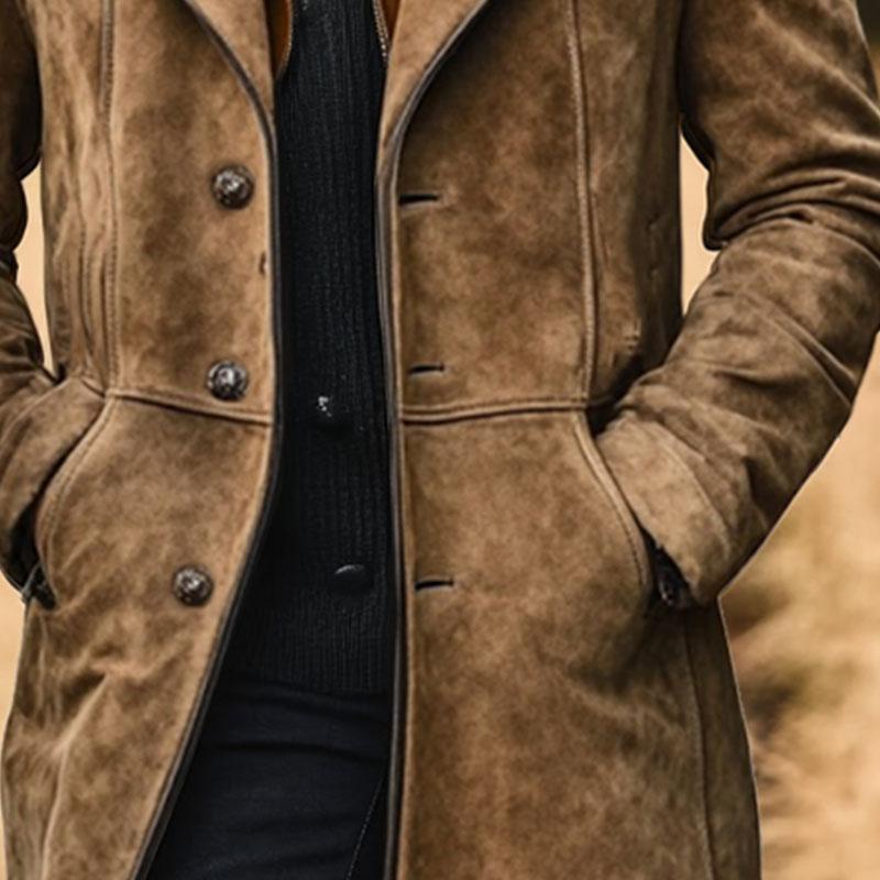 Abrigo vintage de ante de cuello doble y longitud media para hombre