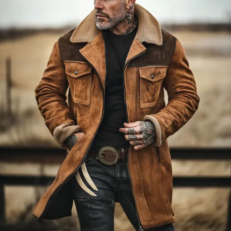 Men's Colorblock Suede And Polar Fleece Lapel Mid-Length Coat 40617808Y