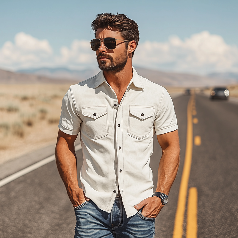 Herren Frühlingsmode Casual Slim Fit Multi-Pocket Dünnes Wildleder Kurzarmhemd