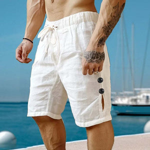 Pantalones cortos con botones de color liso de algodón y lino para hombre